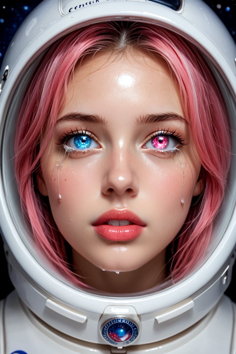 An astronote woman and space, (astronote suit),space helmet,  beautiful and detailed woman, beautiful and detailed eyes, tears in her eyes, glowing eyes, heterochromia eyes, porcelain skin, great detail in the tears, rimel of the eyes desalineated by crying, shiny pink  hair, freckles in the pins, red lips, decayed lips, tears for the pins and mouth, semi -open lips,Heterochromia, porcelain skin, huge planets background, 