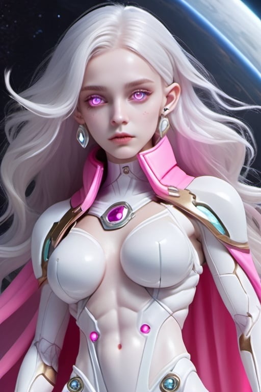 masterpiece、top-quality、1 beautiful alien female , marble statue like body with engraved patterns on whole body , white long hair, (pull back hair style), (glowing pink eyes like as made of clear crystal glass:1.3), (facial tattoos :1.1), (white astronaut suits and ragged dark-gray cape) , white belt, holster, white long boots,, perfect stomach, mature female body, Detailed eyes, Large eyes, Detailed face, Detailed skin texture, ear piercings, (in the ruins of an another planet ),