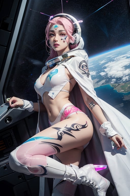 masterpiece、top-quality、1 beautiful alien female , marble statue like body with engraved patterns on whole body , white long hair, (pull back hair style), (glowing pink eyes like as made of clear crystal glass:1.3), (facial tattoos :1.5), (white astronaut suits and ragged dark-gray cape) , white belt, holster, white long boots,, perfect stomach, mature female body, cleavage, Detailed eyes, Large eyes, Detailed face, Detailed skin texture, ear piercings, (left alone in a spacecraft out of order),