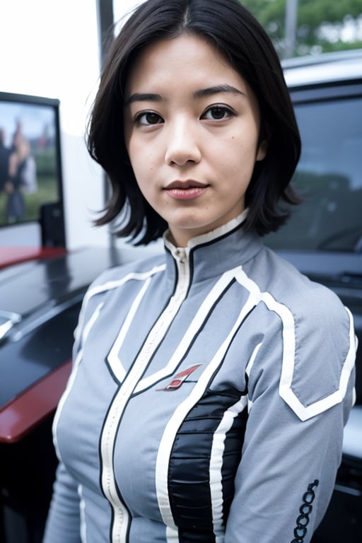 masterpiece, best quality, a real portlait, Hishimi_Yuriko as Anne from Ultraseven, centered frame, character focus, dynamic lighting, lips apart, little smile, posing, detailed face, detailed fabric texture,