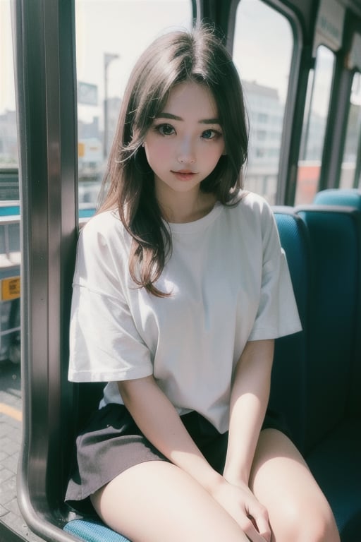 cute girl sitting on a bus, smirk, natural lighting from window, 35mm lens, soft and subtle lighting, girl centered in frame, shoot from eye level, incorporate cool and calming colors