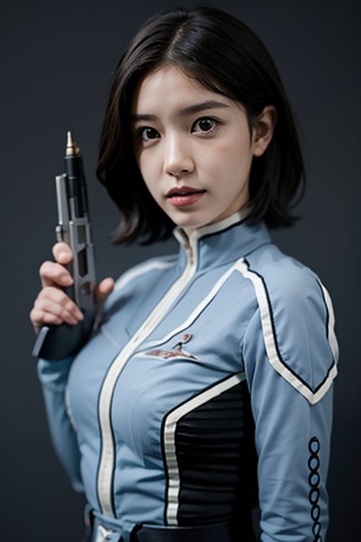 masterpiece, best quality, (cowboy shot), a real portlait, Hishimi_Yuriko as Anne from Ultraseven, slim, thin waist, centered frame, character focus, dynamic lighting, lips apart, aiming a gun, detailed face, detailed fabric texture,