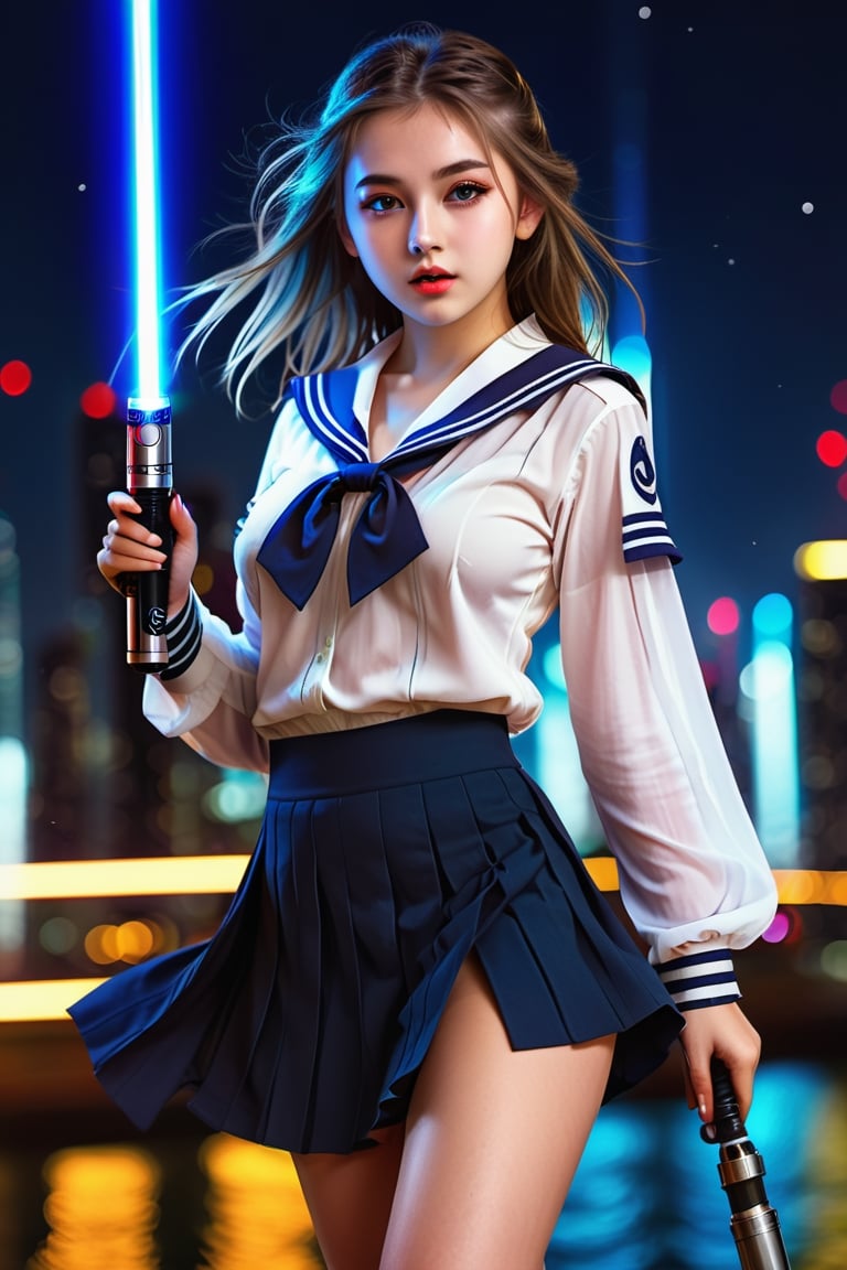 (1 jedi school Girl)、In school uniform, sailor style blouse, bare-legs, ((Have a lightsaber))、large glowing eyes, medium breasts, long straight hair, floating hair, Super detailed illustration、extra detailed face、lips apart,Raw photography、film grains、detailed skin textures、Detailed fabric texture、dynamic pose, Character Focus, night city, huge planet in background ,action scene, dynamic pose,detailmaster2,neon photography style