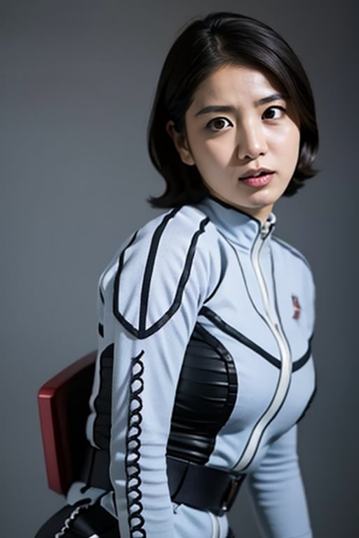 masterpiece, best quality, (cowboy shot), a real photo, 1girl portlait, Hishimi_Yuriko as Anne from Ultraseven, thin waist , centered frame, character focus, dynamic lighting, mouth open, serious scene, aimnga a gun, detailed face, detailed fabric texture,