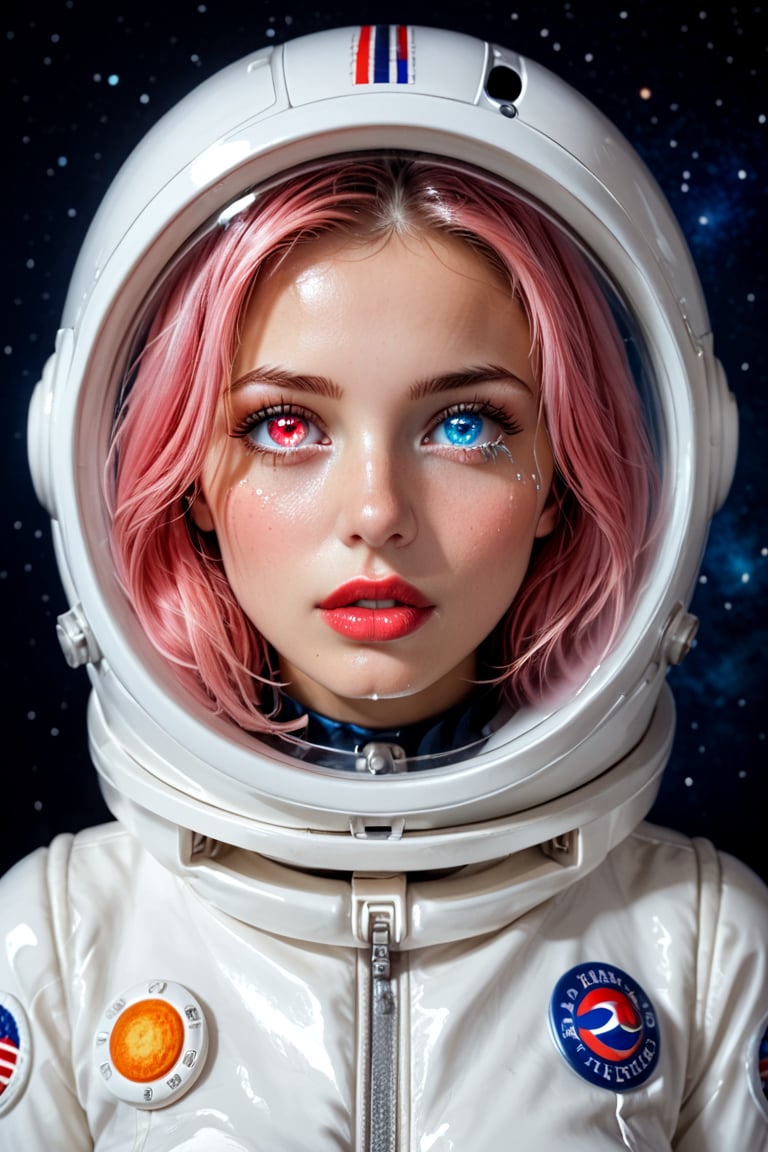 An astronaut woman and space, (astronaut suit),space helmet,  beautiful and detailed woman, beautiful and detailed eyes, tears in her eyes, glowing eyes, heterochromia eyes, porcelain skin, great detail in the tears, rimel of the eyes desalineated by crying, shiny pink  hair, freckles in the pins, red lips, decayed lips, tears for the pins and mouth, semi -open lips,Heterochromia, porcelain skin, huge planets background, 