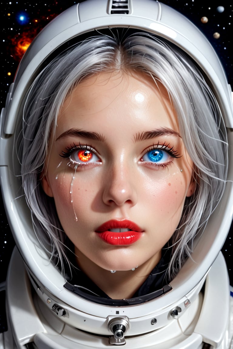 An astronote woman and space, (astronote suit),space helmet,  beautiful and detailed woman, beautiful and detailed eyes, tears in her eyes, glowing eyes, heterochromia eyes, great detail in the tears, rimel of the eyes desalineated by crying, silver hair, freckles in the pins, red lips, decayed lips, tears for the pins and mouth, semi -open lips,Heterochromia, porcelain skin, huge planets background, 