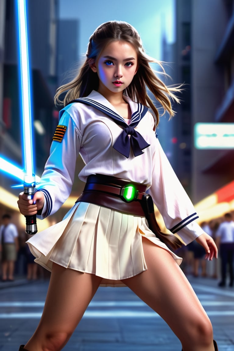 (1 jedi school Girl)、In school uniform, sailor style blouse, bare-legs, ((Have a lightsaber))、large glowing eyes, serious expression ,medium breasts, long straight hair, floating hair, Super detailed illustration、extra detailed face、wide open mouth,Raw photography、film grains、detailed skin textures、Detailed fabric texture、dynamic pose, Character Focus, city street, crowd ,battle scene, dynamic pose,side view, look at me, detailmaster2,neon photography style,detailmaster2,science fiction