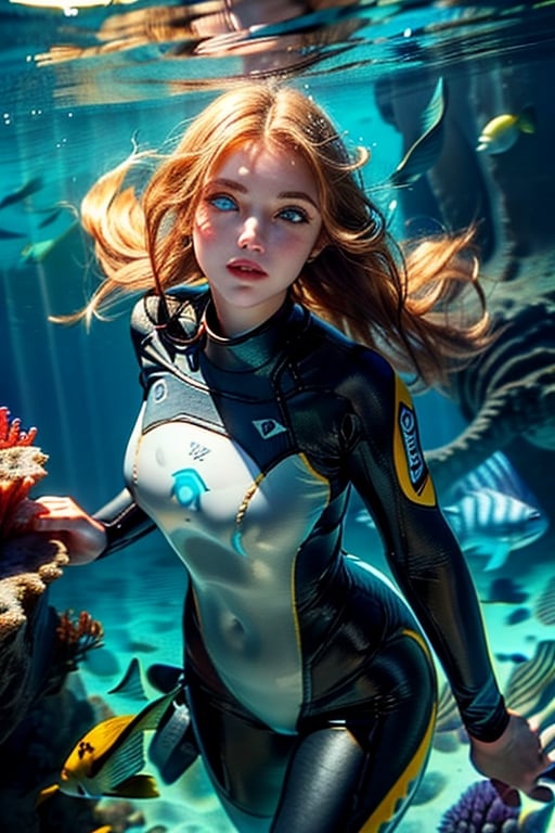 A real photo of a young female explorer, put on wetsuit and Investigating underwater of the ocean, a strong and athletic build, Her wavy hair floats around her like a halo, ((deep,  glowing ocean-blue eyes)), (a sank ancient shipwreck under the sea In the background), covered nipples:1.3,