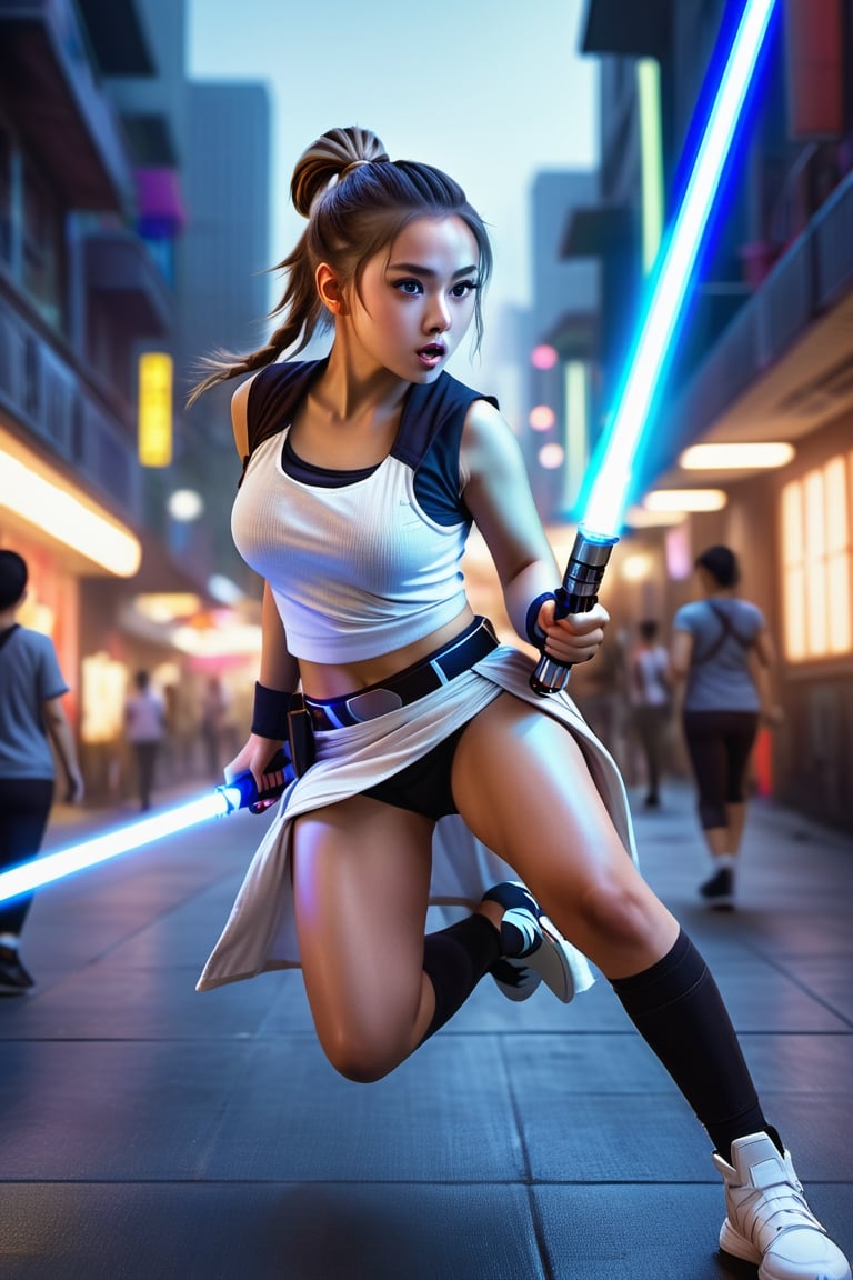 (1 jedi school Girl)、In gym outfit, half pants  ,((Have a lightsaber))、large glowing eyes, serious expression ,hardly breathing, large hip, long ponytail , jumping with knees bend, Super detailed illustration、extra detailed face、wide open mouth,Raw photography、film grains、detailed skin textures、Detailed fabric texture、dynamic pose, Character Focus, city street, crowd ,battle scene, dynamic pose,side view, look at me,neon photography style,detailmaster2,science fiction