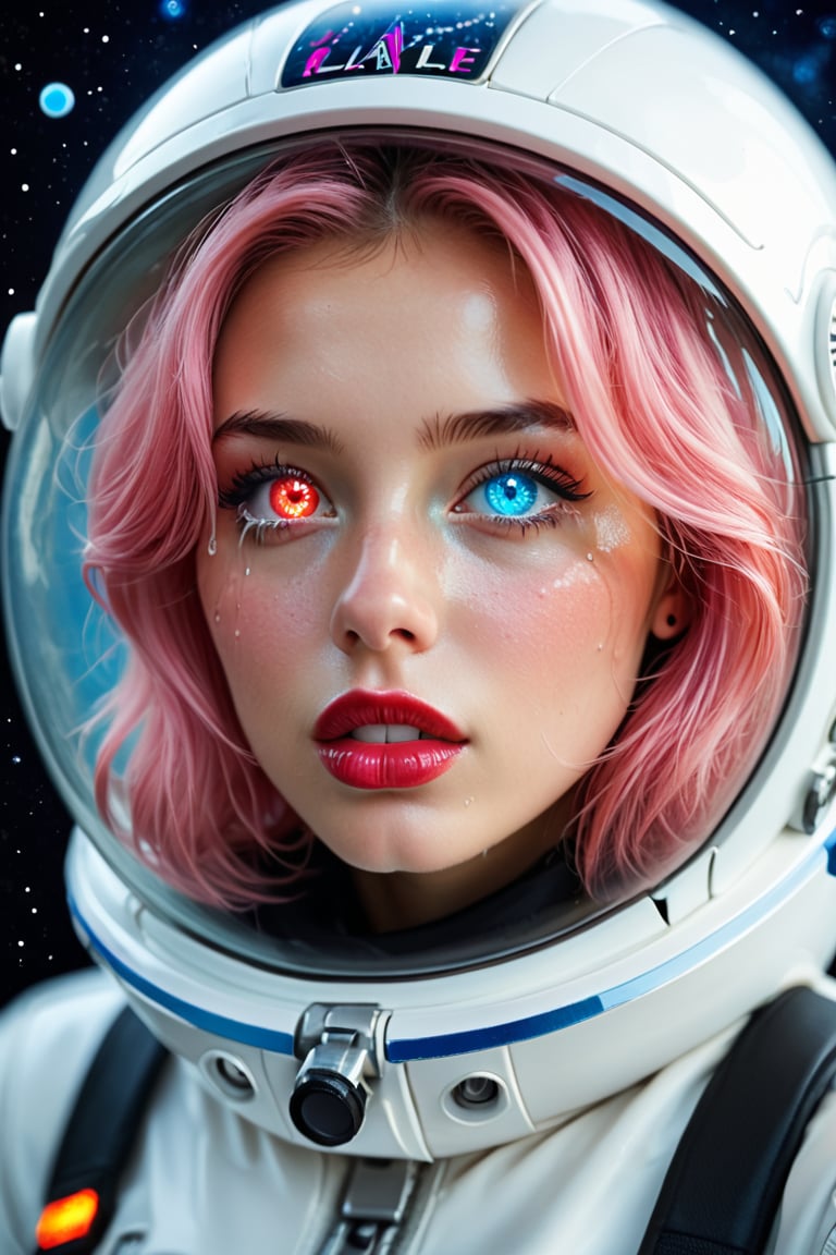 An astronote woman and space, (astronote suit),space helmet,  beautiful and detailed woman, beautiful and detailed eyes, tears in her eyes, glowing eyes, heterochromia eyes, great detail in the tears, rimel of the eyes desalineated by crying, shiny pink hair, freckles in the pins, red lips, decayed lips, tears for the pins and mouth, semi -open lips,Heterochromia, porcelain skin, huge planets background, 