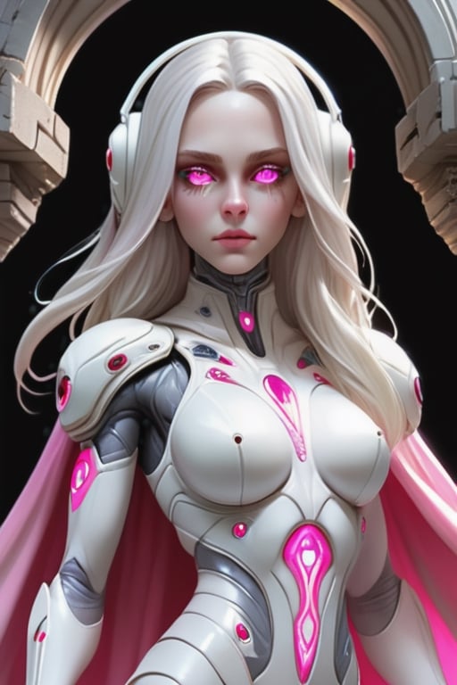 masterpiece、top-quality、1 beautiful alien female , (marble statue like body with engraved patterns on whole body) , white long hair, (pull back hair style), (glowing pink eyes like as made of clear crystal glass:1.3), (facial tattoos :1.1), (white astronaut suits and ragged dark-gray cape) , white belt, holster, white long boots,, perfect stomach, mature female body, Detailed eyes, Large eyes, Detailed face, Detailed skin texture, ear piercings, (in the ruins of an another planet ),