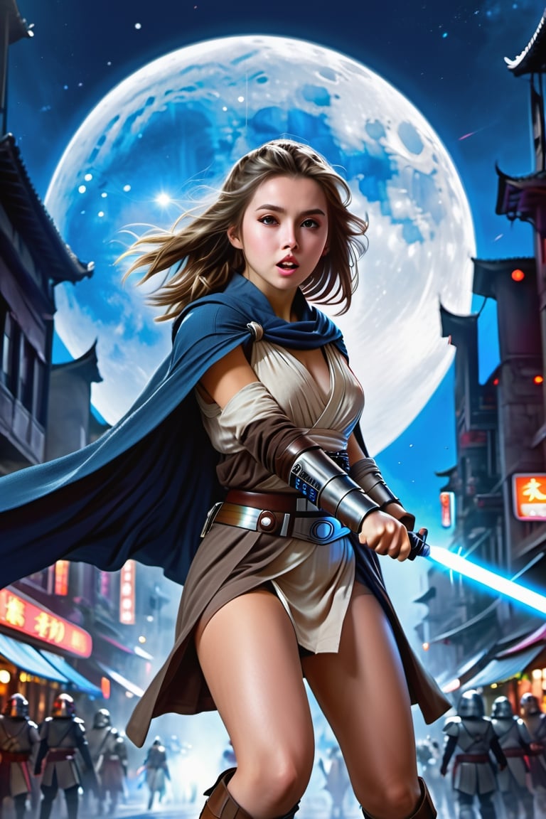 (1 jedi Girl)、In jedioutfit, jedi cape, bare-legs, ((Have a lightsaber))、large glowing eyes, serious expression ,medium breasts, long straight hair, windy hair, jumping with knees bend, Super detailed illustration、extra detailed face、wide open mouth, breathing heavily , Raw photography、film grains、detailed skin textures、Detailed fabric texture、dynamic pose, Character Focus, city street, crowd ,((huge moon in the sky)), battle scene, dynamic pose,from behind view, look back at me, detailmaster2,neon photography style,detailmaster2,science fiction