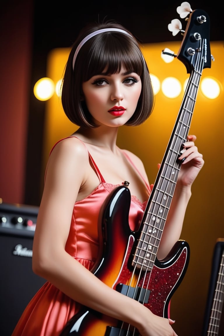 ((((Seductive woman plays electric bass:1.5, 4 strings)))), (​masterpiece、Best Quality:1.4),  (Beautiful, Aesthetic, Perfect, Delicate, Convoluted:1.2), (Cute, Adorable), (depth of fields:1.2), cinema shot, Bokeh, Perfect female shape, (Perfect face, Detailed face, full pouty lips, Glossy lips, makeup, eye line, Expressive eyes), (medium breasts, thin waist), ((satin babydoll and bare-legs):1.3), ((bowl cut, hair band):1.2), On stage,Good hands, Better hands,2hand, 5FINGERS,neon photography style