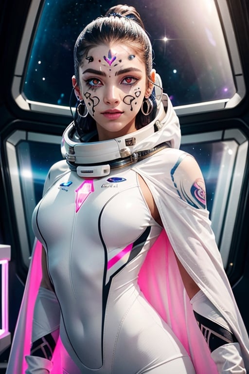 masterpiece、top-quality、1 beautiful alien female , (marble statue like body with engraved patterns on whole body) , white long hair, (pull back hair style), (glowing pink eyes like as made of clear crystal glass:1.3), (facial tattoos :1.5), (white astronaut suits and ragged dark-gray cape) , white belt, holster, white long boots,, perfect stomach, mature female body, cleavage, Detailed eyes, Large eyes, Detailed face, Detailed skin texture, ear piercings, (left alone in a spacecraft out of order),