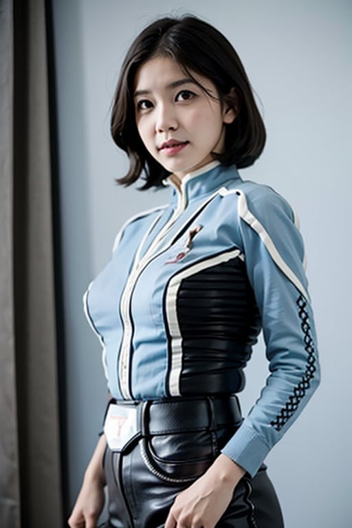 masterpiece, best quality, (cowboy shot), a real portlait, Hishimi_Yuriko as Anne from Ultraseven, centered frame, character focus, dynamic lighting, lips apart, little smile, posing, detailed face, detailed fabric texture,