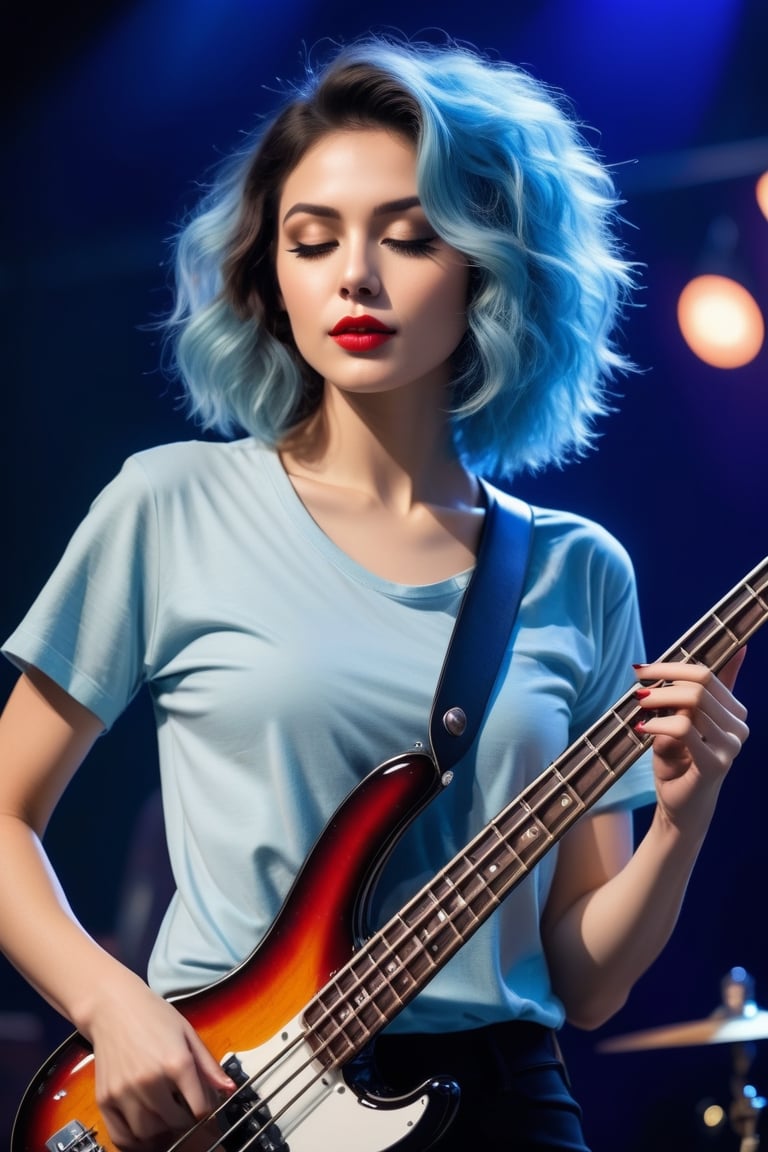 ((((Seductive woman plays electric bass:1.5, 4 strings)))), (​masterpiece、Best Quality:1.4),  (Beautiful, Aesthetic, Perfect, Delicate, Convoluted:1.2), (Cute, Adorable), (depth of fields:1.2), cinema shot, Bokeh, Perfect female shape, (Perfect face, Detailed face, full pouty lips, Glossy lips, makeup, eye line, Expressive eyes), (medium breasts, thin waist), (pale-blue Frizzy hair), (long t-shirt, skinny pants ), On stage,Good hands, Better hands,2hand, 5FINGERS,