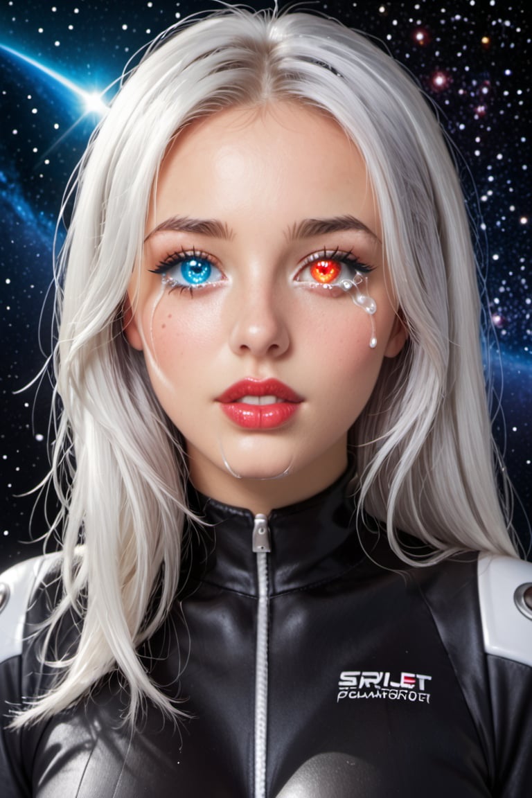 An astronote woman and space, (astronote suit), beautiful and detailed woman, beautiful and detailed eyes, tears in her eyes, glowing eyes, heterochromia eyes, great detail in the tears, rimel of the eyes desalineated by crying, silver hair, freckles in the pins, red lips, decayed lips, tears for the pins and mouth, semi -open lips,Heterochromia, huge planets background, 