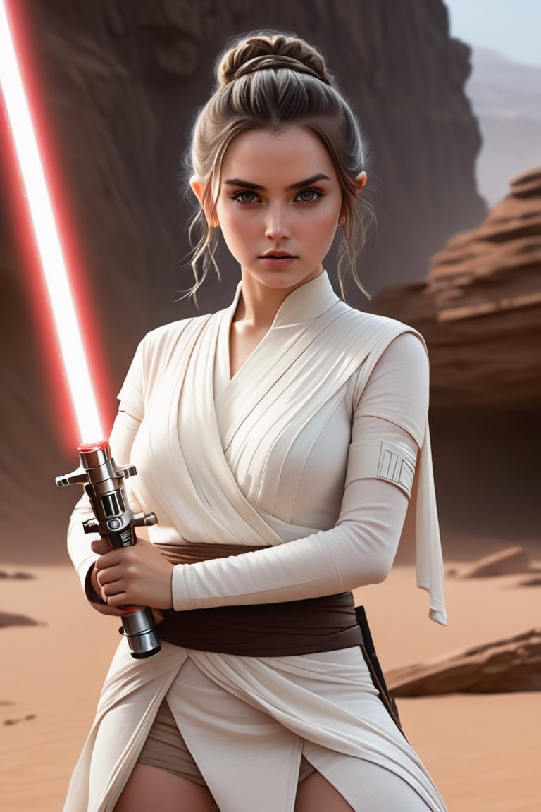 (1 Jedi Girl)、In Jedioutfit 、((Have a lightsaber))、medium breasts, Super detailed illustration、extra detailed face、large glowing eyes, Raw photography、film grains、detailed skin textures、Detailed fabric texture、dynamic pose, Character Focus, ruins of an another planet ,action scene, dynamic pose, OHWX WOMAN