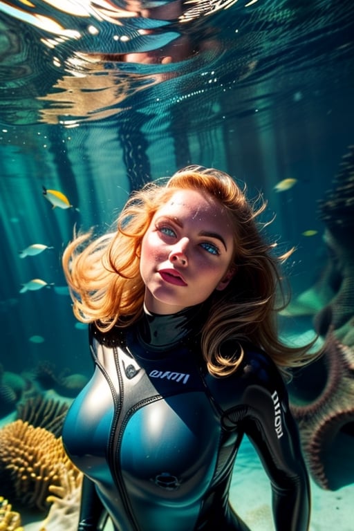 A real photo of a young female explorer, wearing wetsuits and Investigating underwater of the ocean, a strong and athletic build, Her wavy hair floats around her like a halo, ((deep,  glowing ocean-blue eyes)), an ancient shipwreck In the background, covered nipples:1.3,