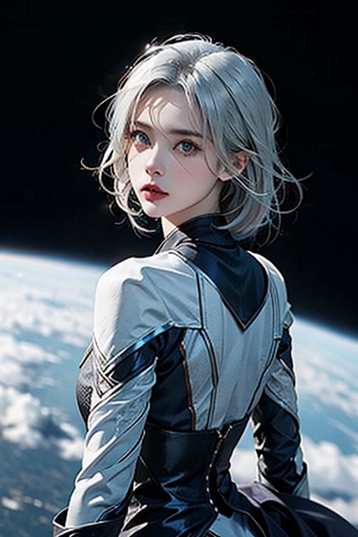 a seductive girl flying into the space, wearing superhero's costume, perfect anatomy, perfect face, glowing white eyes, white hair with windy hair, dynamic pose, detailed fabric texture, lens flare, huge planet in background,Detailedface