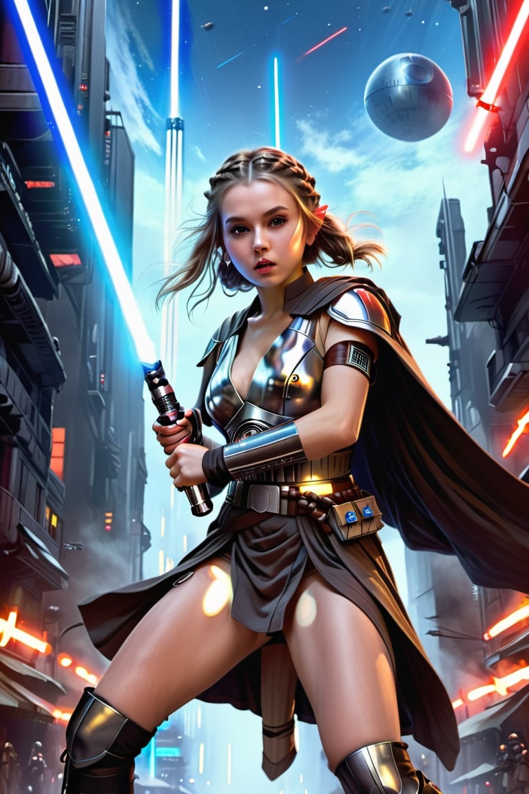 (1 jedi Girl)、In jedioutfit, jedi cape, bare-legs, ((Have a lightsaber))、pale skin, large glowing eyes, serious expression ,medium breasts, long braid,  jumping with knees bend, Super detailed illustration、extra detailed face、wide open mouth, breathing heavily , Raw photography、film grains、detailed skin textures、Detailed fabric texture、dynamic pose, Character Focus, city street, Empire troopers ,((huge death-star in the sky:1.3)), battle scene, dynamic pose,from below , ground view, look at me, detailmaster2,neon photography style,science fiction