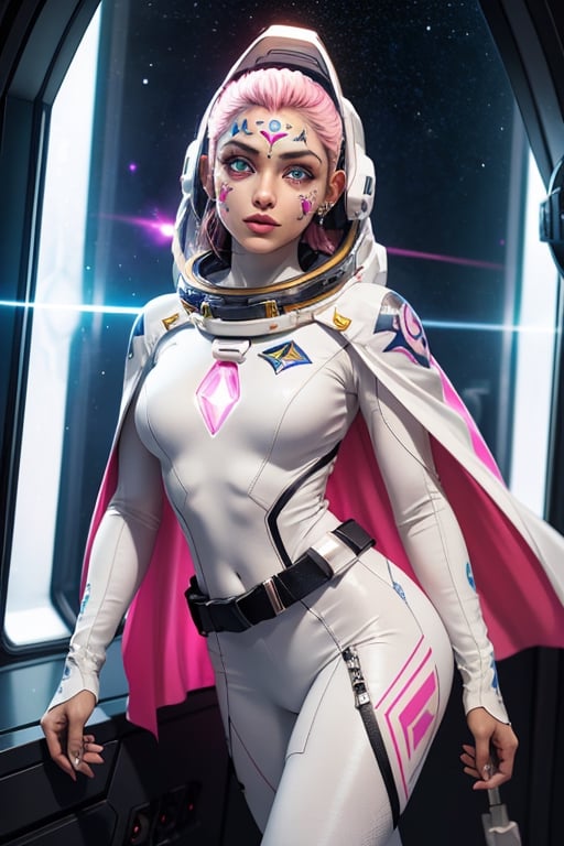 masterpiece、top-quality、1 beautiful alien female , marble statue like body with engraved patterns on whole body , white long hair, (pull back hair style), (glowing pink eyes like as made of clear crystal glass:1.3), (facial tattoos :1.5), (white astronaut suits and ragged dark-gray cape) , white belt, holster, white long boots,, perfect stomach, mature female body, cleavage, Detailed eyes, Large eyes, Detailed face, Detailed skin texture, ear piercings, (left alone in a spacecraft out of order),