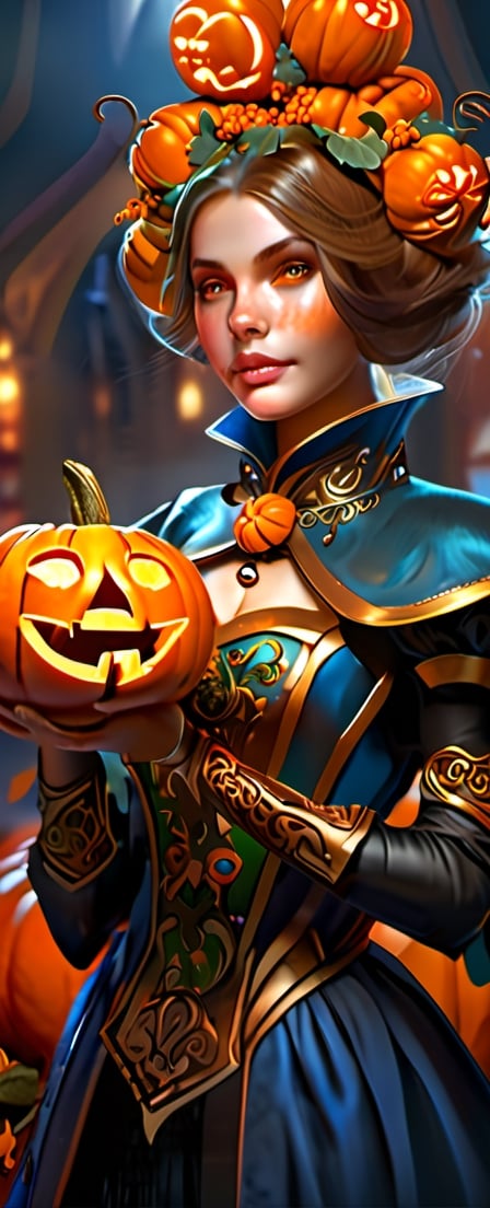 A girl with a Halloween costume with pumpkins , fantasy, intricate, elegant, highly detailed, digital painting, artstation, concept art, matte, sharp focus, illustration, hearthstone, art by artgerm and greg rutkowski and alphonse mucha rat - shaped bread, food photography, studio lighting, delicious