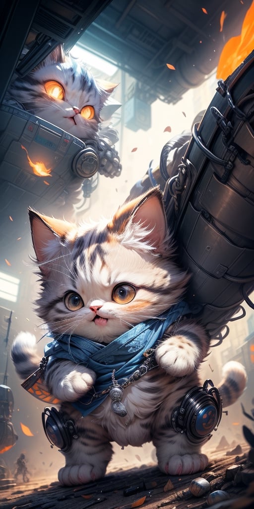 masterpiece, best quality, 4k, 8k, 1 ninja cat, With round eyes, Dressed in blue and orange mecha, wearing a ninja costumes, holding a Japanese katana , riding on a mechanical cyborg horse , The background is a high-tech lighting scene, The city of the future,tokyo tower
