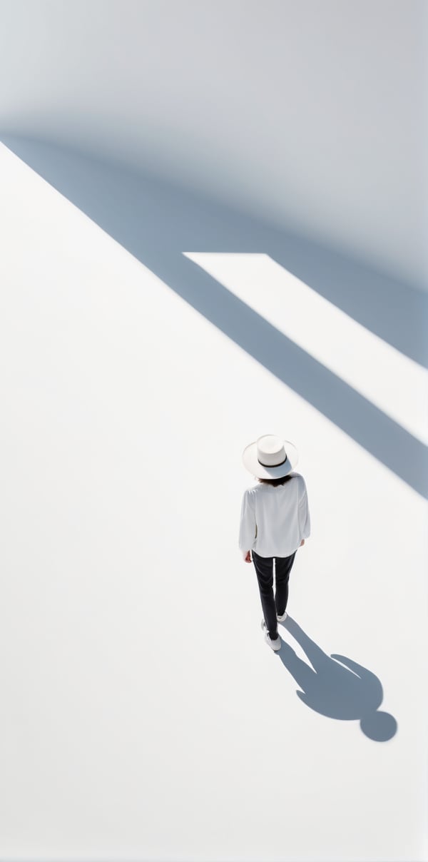 Prospect, Bird's-eye view, Human figure, A pure white background, Alone, Walk in a pure white space, Shadow, Wearing a hat, Can't see the face clea, Loneliness, Sense of atmosphere, Leave a lot of white space, modern art