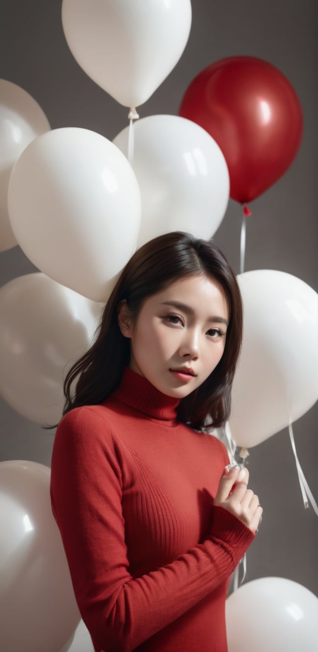 breathtaking a cinematic fashion portrait photo of beautiful young chinese woman from the 60s wearing a red turtleneck standing in the middle of a ton of white balloons, dramatic lighting, taken on a hasselblad medium format camera . award-winning, professional, highly detailed