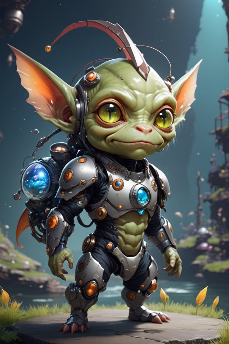 space, cute chibi goblin like a rabitt and fish ,cyborg style,cyborg,fantasy style ,full body,