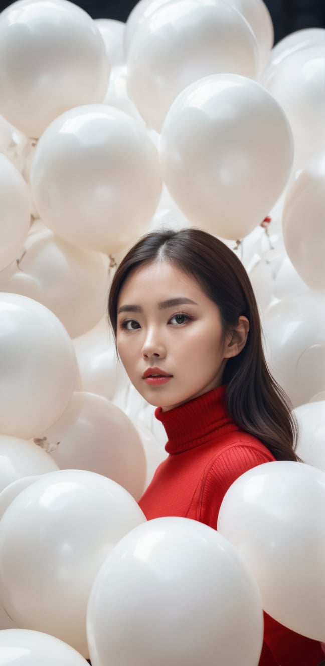 breathtaking a cinematic fashion portrait photo of beautiful young chinese woman from the 60s wearing a red turtleneck standing in the middle of a ton of white balloons, dramatic lighting, taken on a hasselblad medium format camera . award-winning, professional, highly detailed