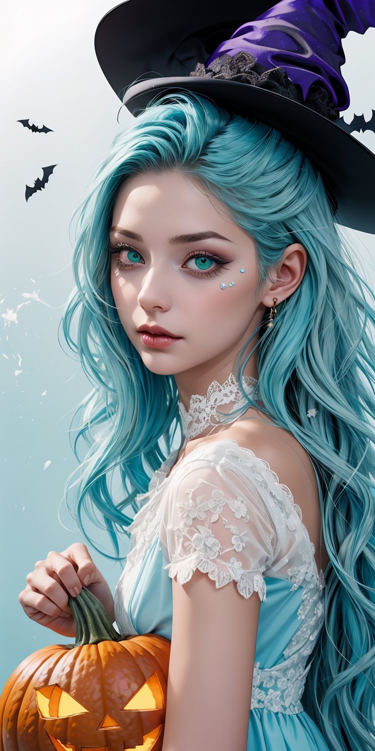 (1cute girl with a halloween costume and a wizard hat holding a halloween pumpkin ), long blue curly hair, green eyes, wearing a beautiful baby blue lace dress. White skin, splat art background, eye_detail, background_detail, face_detail, hair_detail, more_detail, add_detail, adddetailed, cute_face,