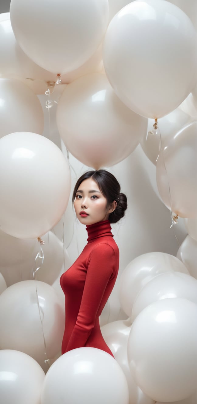 breathtaking a cinematic fashion portrait photo of beautiful young chinese woman from the 60s wearing a red turtleneck standing in the middle of a ton of white balloons, dramatic lighting, taken on a hasselblad medium format camera . award-winning, professional, highly detailed