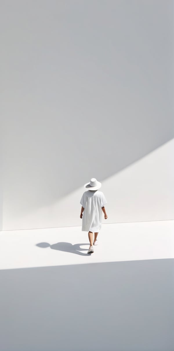 Prospect, Bird's-eye view, Human figure, A pure white background, Alone, Walk in a pure white space, Shadow, Wearing a hat, Can't see the face clea, Loneliness, Sense of atmosphere, Leave a lot of white space, modern art