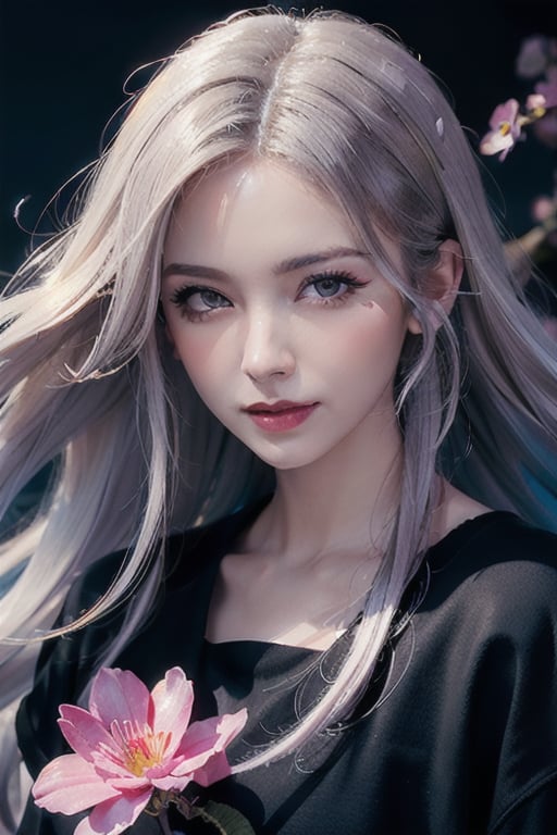 masterpiece, best quality, 1girl, (colorful),(finely detailed beautiful eyes and detailed face),cinematic lighting,bust shot,extremely detailed CG unity 8k wallpaper,white hair,solo,smile,intricate skirt,((flying petal)),(Flowery meadow) Tokyo tower,sky, cloudy_sky, building, moonlight, moon, night, (dark theme:1.3), light, fantasy,,fantasy, high contrast, ink strokes, explosions, over exposure, purple and red tone impression , abstract, ((watercolor painting by John Berkey and Jeremy Mann )) brush strokes, negative space,