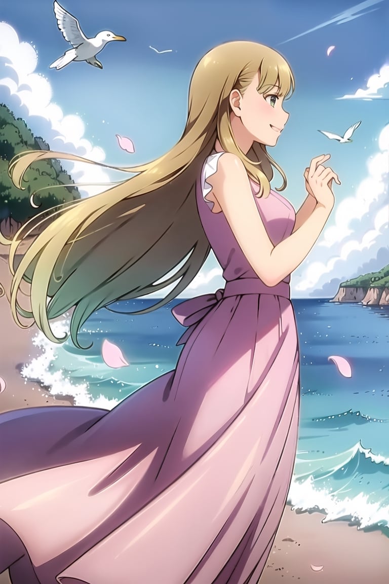 Masterpiece,Best  Quality, High Quality,  (Sharp Picture Quality), Blond, long hair, (pink dresses), wind blowing, fluttering hair, petals dancing, park, sunny, one woman, the best smile,long dress,Turned sideways, on the cliff, the sea,Beautiful scenery,Seagull flying in the sky,Profile, girl standing on a cliff,
