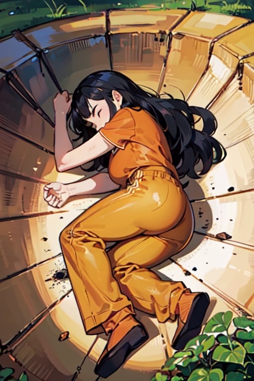 (best quality,  best quality: 1.3),  sharp quality,  (perfect beautiful woman: 1.8),1girl,  lying, on side, closed eyes, black hair,Long hair, wavy hair,Orange Clothing,orange pants,Background is sandy,,Lying on its side in a circle, Yamcha,Her face is hidden by her hair.,yamchapose,lying,on side