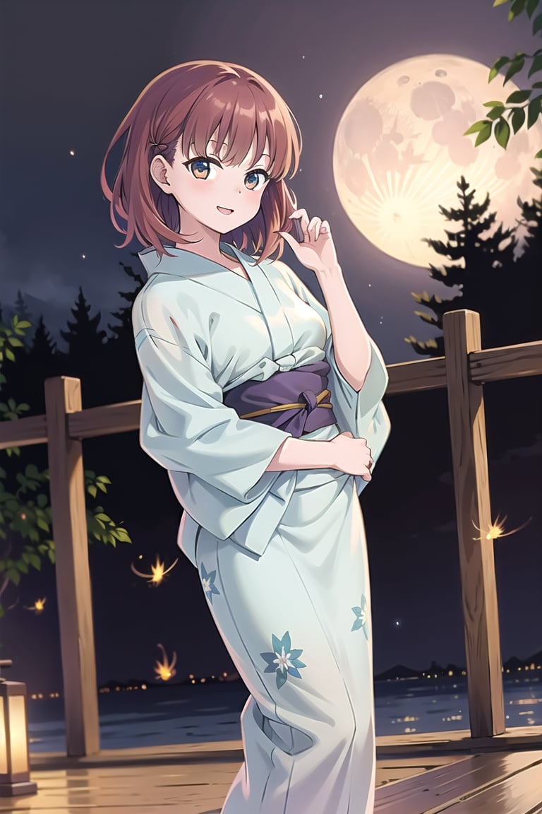 (masterpiece:1.3),best quality, (best quality, best quality: 1.3), (sharp quality),solo,Perfect Beauty,Red brown hair, short hair,(Light blue long yukata:1.4), plant patterned yukata,A fancy yukata, cute yukata, fireflies, moon, night, best smile, oblique angle, hand stroking hair, wind blowing,full_body,Yukata with long hem,