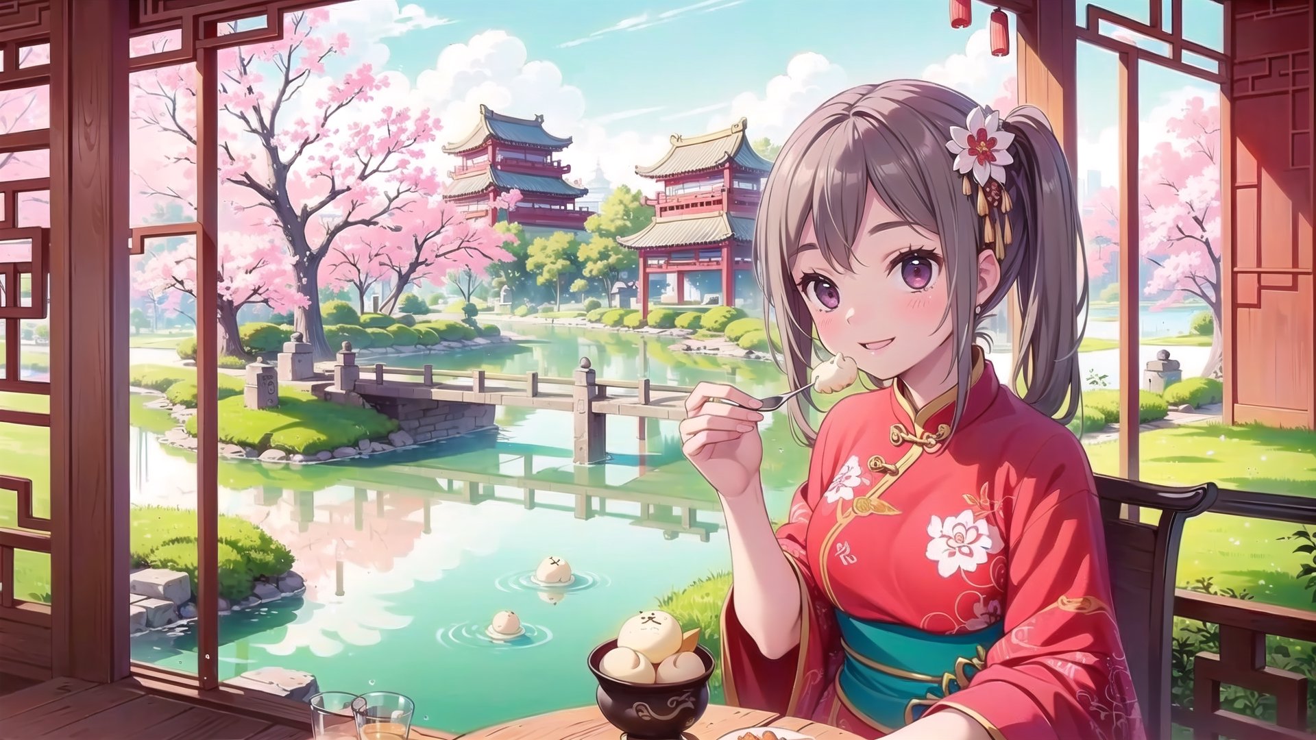 (Masterpiece, Best Quality, High Quality Score: 1.3), (Sharp Picture Quality), Perfect Beauty: 1.5,long hair ,brown hair, (Chinese Clothes), (light pink chinese dress), red hair ornament, beautiful girl, cute, best smile, very beautiful scenery, (most fantastic scenery), (Chinese garden), Eating a big steamed bun.