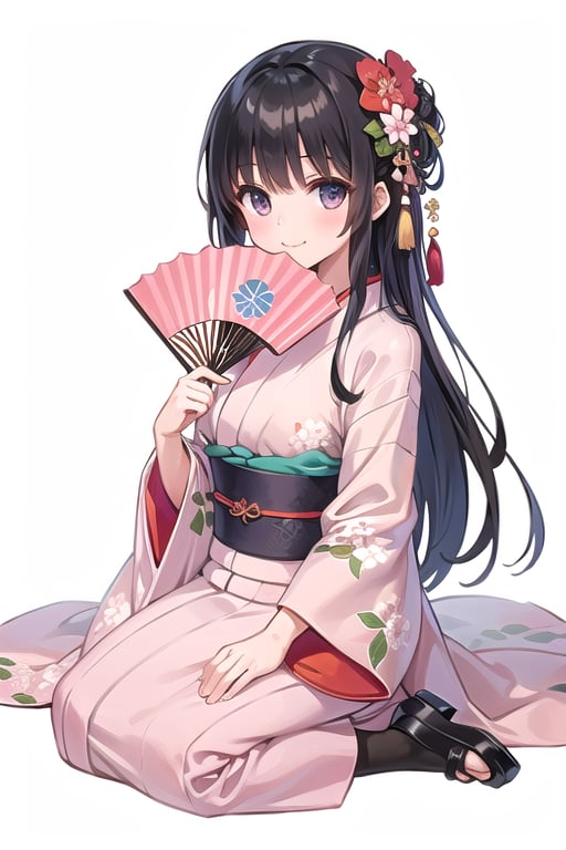 (Super High Quality, High Resolution, Masterpiece: 1.3), Perfectly shaped beautiful woman: 1.5, ((white background)), ((no background)), black hair, wearing kimono, alone, pink kimono, f best smile,  (((She covers her mouth with a fan.))), (beautiful Japanese fan), (large fan), beautiful girl, school girl, kimono with flower pattern, fancy kimono design, fine kimono design,ph_eriri