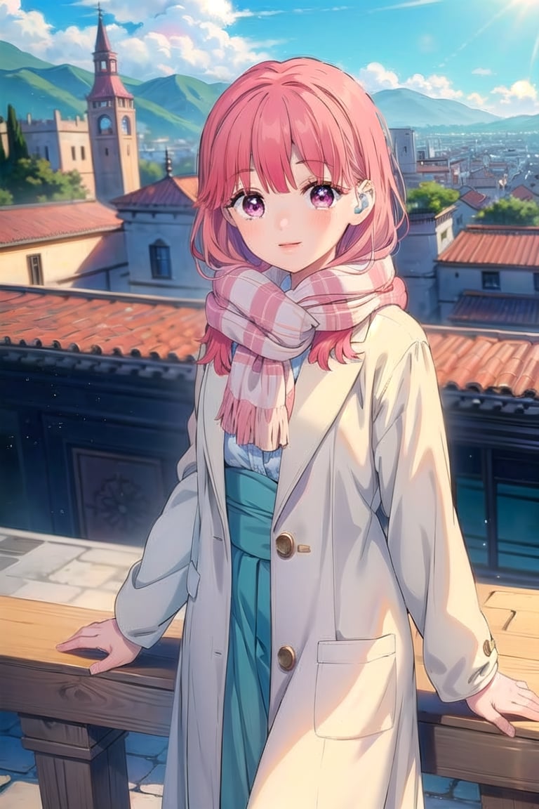 (masterpiece:1.3),best quality,Perfect Beauty Score: 1.5, 1girl, long_hair, pink_hair, pink_eyes,beautiful background,blue sky,Light pink clothes, scarf, coat,skirt,best smile,Granada, the Alhambra palace, overlooking the city from the top of the hill,Yuki,daytime,