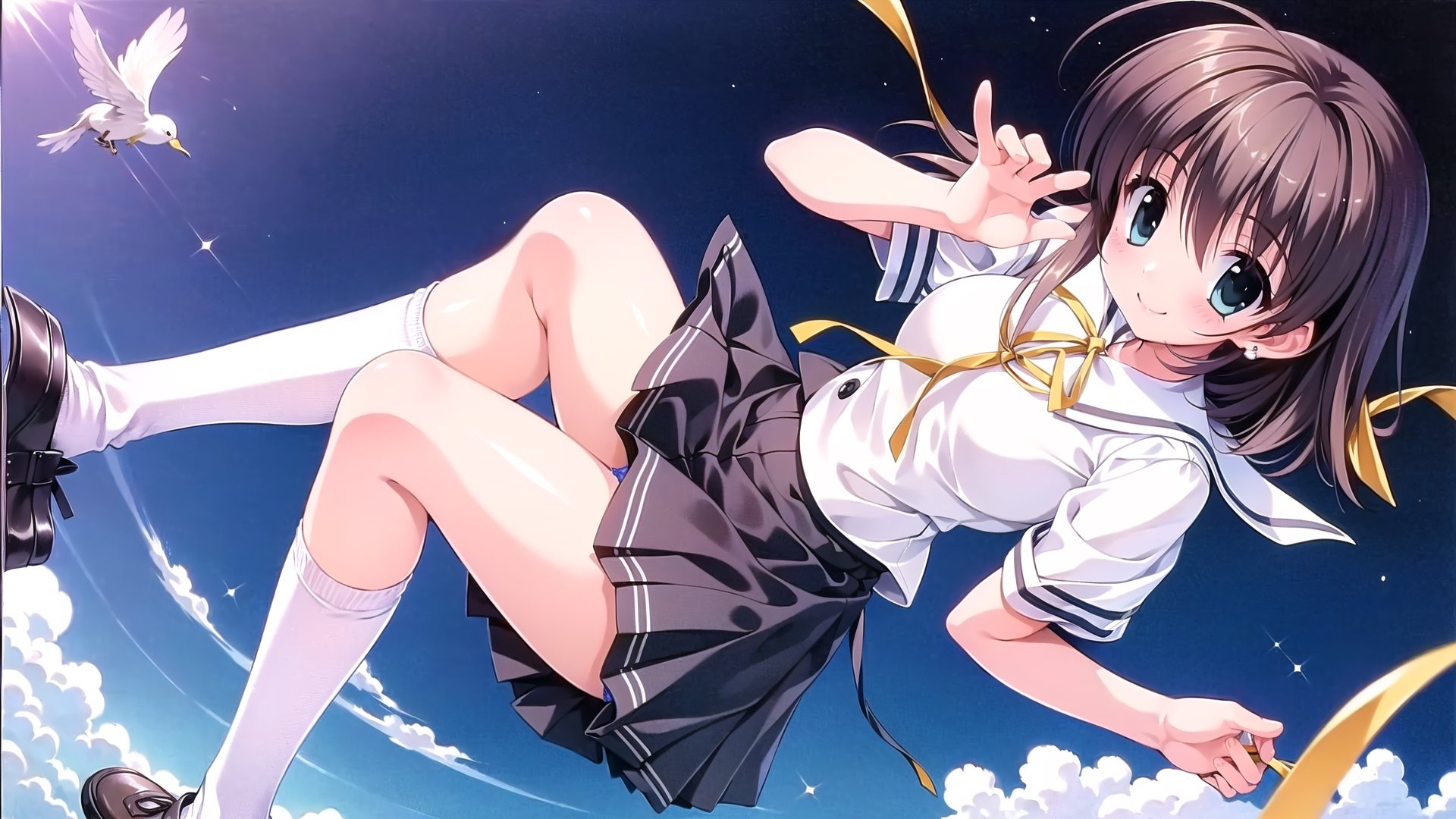 (Masterpiece, Best Picture Quality, Best Picture Quality Score: 1.3), (Sharpest Picture Quality), Perfect Beautiful Woman: 1.5, brown hair), (school uniform), (A woman flying in the sky,), (solitude), (best smile), (very beautiful view), (flapping skirt), (visible panties), (pleated dark blue skirt ), (loose socks),(Big yellow ribbon on the head)