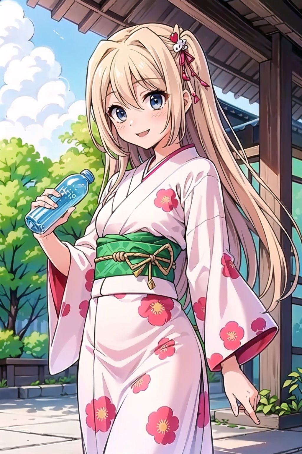 (Best Picture Quality, High Quality, Best Picture Score: 1.3), ((Sharp Picture Quality)), Perfect Beauty Score: 1.5, , Blonde Hair, (Japanese Clothes), One Person, (Cute Outfit), Red Hairpiece, Beautiful Girl, Cute, (Drinking Ramune from a Bottle), Fashionable Coffee Shop, Great Smile,. 