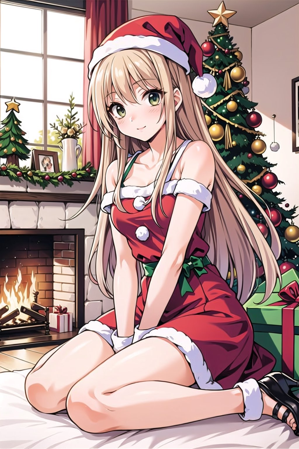 (Best Picture Quality, High Quality, Best Picture Score: 1.3), , Perfect beautiful woman,blonde hair,long hair,(Decorate the room with Santa Claus for Christmas.),the whole body Beautiful Girl, Cute, ,Fantastic Landscapes,Christmas tree, a cozy fireplace