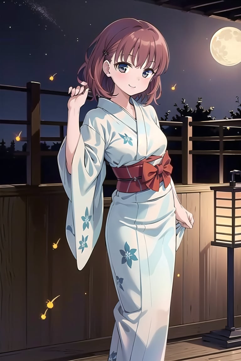 (masterpiece:1.3),best quality, (best quality, best quality: 1.3), (sharp quality),solo,Perfect Beauty,Red brown hair, short hair,(Light blue long yukata:1.4), plant patterned yukata, cute yukata, fireflies, moon, night, best smile, oblique angle, hand stroking hair, wind blowing,full_body,Yukata with long hem,