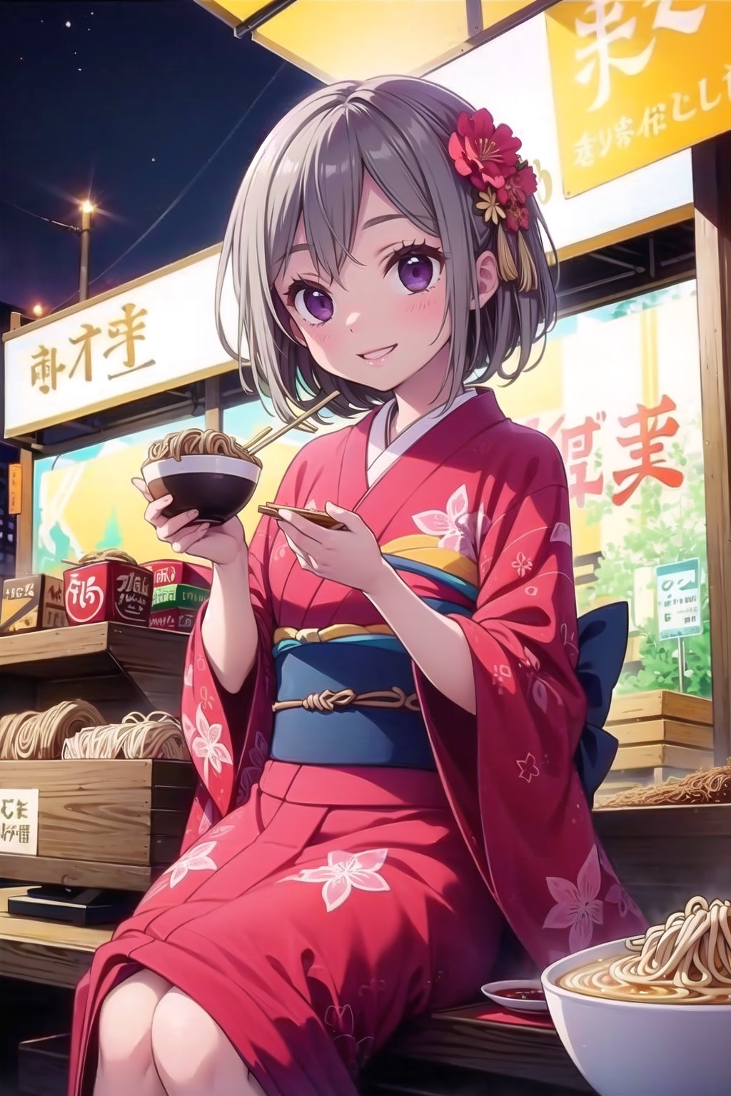 Best Quality, High Resolution, Masterpiece: 1.3), Perfect Beauty: 1.5, (Beautiful landscape), Fantastic landscape, ((pitch black night)), brown hair, wearing kimono, alone, (pink kimono), (eating ramen), eating ramen with chopsticks, beautiful girl, schoolgirl, floral kimono, fancy kimono design, best smile, great kimono design, sitting, street noodle stall, night market