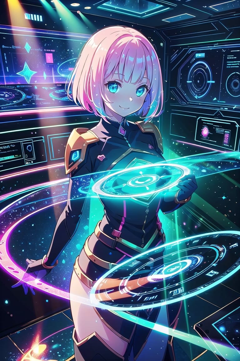 (best quality,  best quality: 1.3),  sharp quality,  (perfect beautiful woman: 1.8),1girl,  smile, pink hair,  fantasy, science fiction,  magic circle,  light particles,  light rays, spaceship interior,holographic interface,Beautiful scenery,