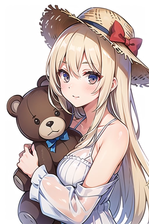 Perfect Beauty 1.5, ((white background)), ((no background)), beautiful girl, blonde hair, wearing white dress, alone, long hair, upper body, (big straw hat), 18 years old,  very large stuffed bear, ((face buried in stuffed bear)), ((one very large stuffed bear)),