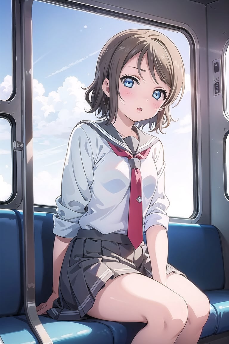 (masterpiece:1.3),best quality, (sharp quality),you watanabe,Short hair, school uniform, red tie,blue eyes,Inside a bus, a window, a window seat, blue sky, blue sea, a girl staring at the sea,Sitting on a seat, Back seat of the bus,waving